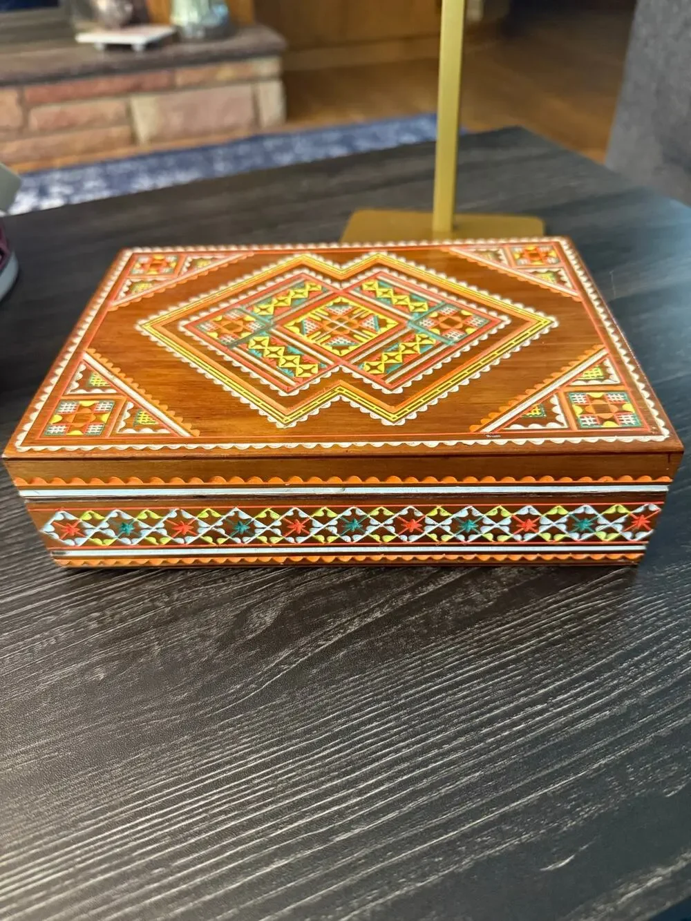 Vintage Ukrainian Hutsul Hand Carved Wooden Jewelry Trinket Box Folk Art